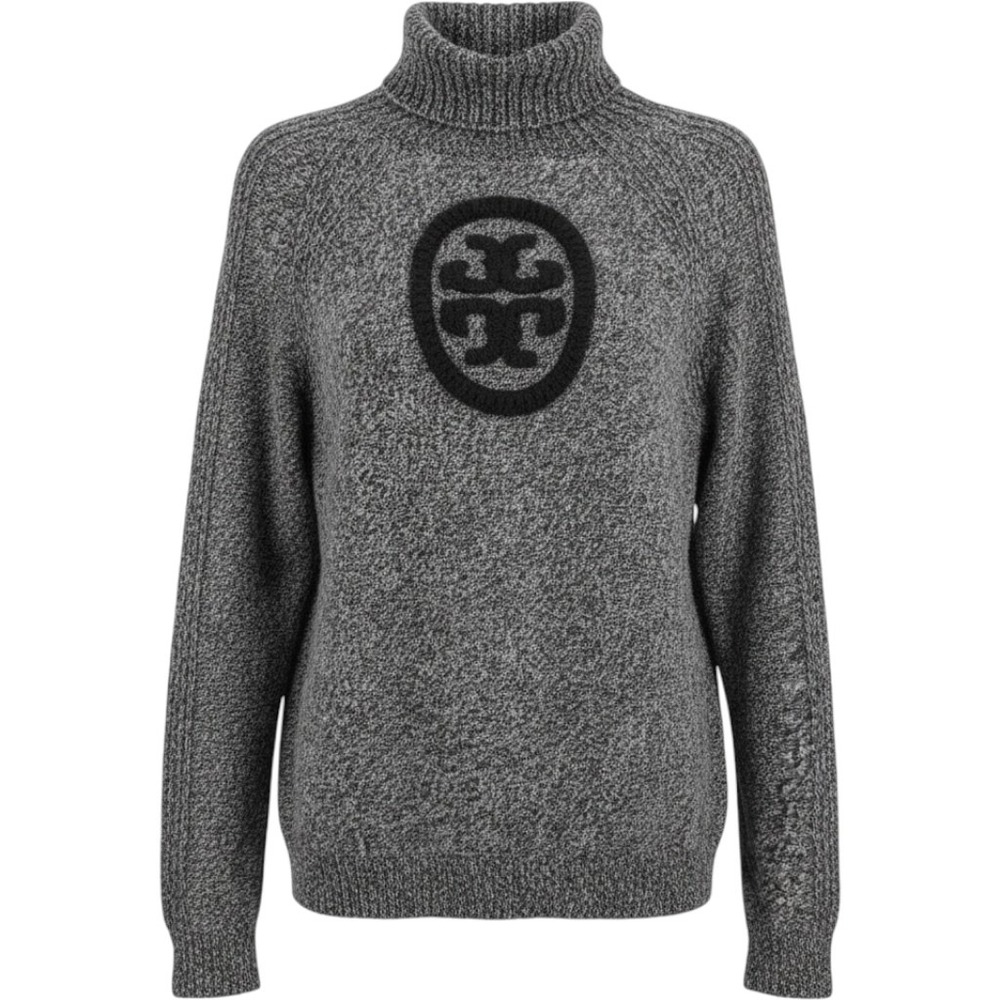 Tory Burch Womens Gray Marl Logo Knit Turtleneck Sweater XL Preppy Designer